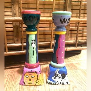 Karen Gelff Candle Holders Happy Dog And Cat Pair Of 2